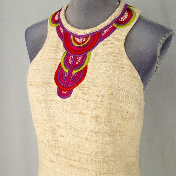 Trina Turk Dress Womens 6 Beige Silk Tweed Embroidered Neckline Racerback Lined - Picture 14 of 16